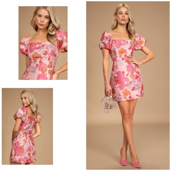 Lulus So Stunning Dress Women's L Pink Floral Jacquard Mini Puff Sleeve NWT - Picture 1 of 11